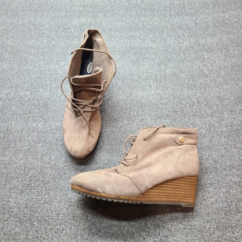 DrScholls Suede Wedge Ankle Boots Taupe Lace Up Side Zipper Women US 8M